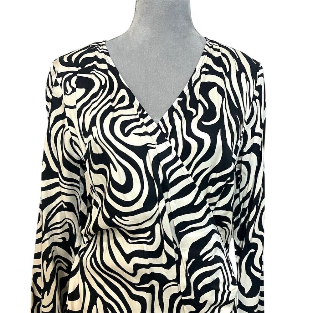 H&M Women's M Black Abstract Faux Wrap V-Neck Bodycon Dress  Long Sleeve - Picture 2 of 10